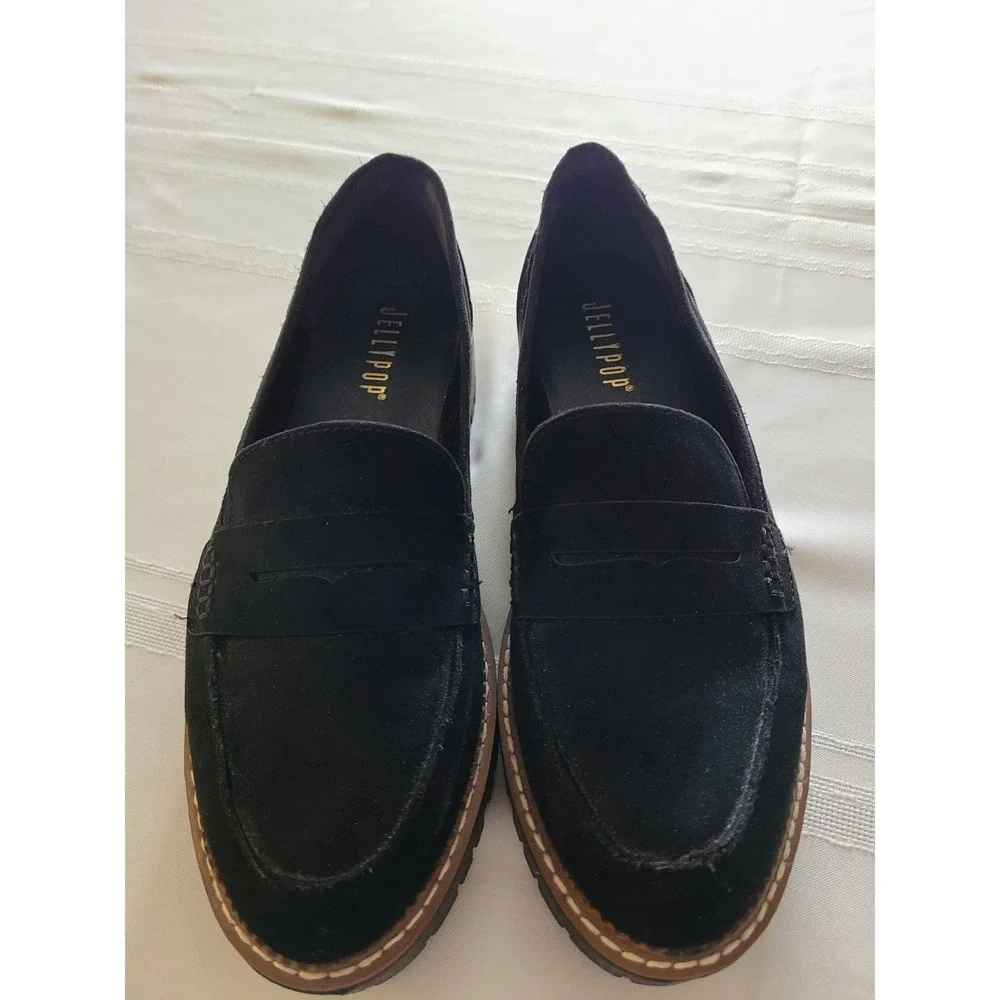 Women's Jellypop Paris chunky platform loafers in black faux suede. Size 10M